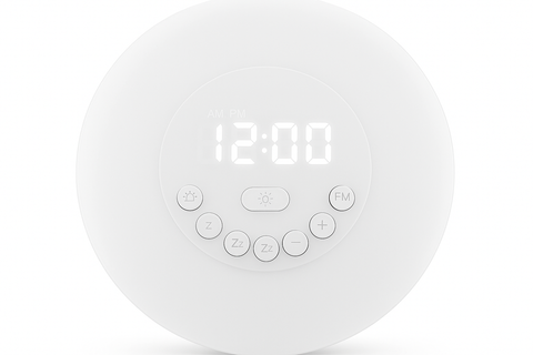 White alarm clock with digital display on a white background