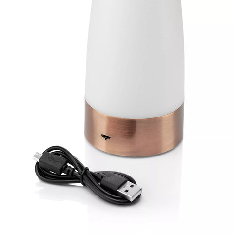 White and copper lamp with USB cable on a white background
