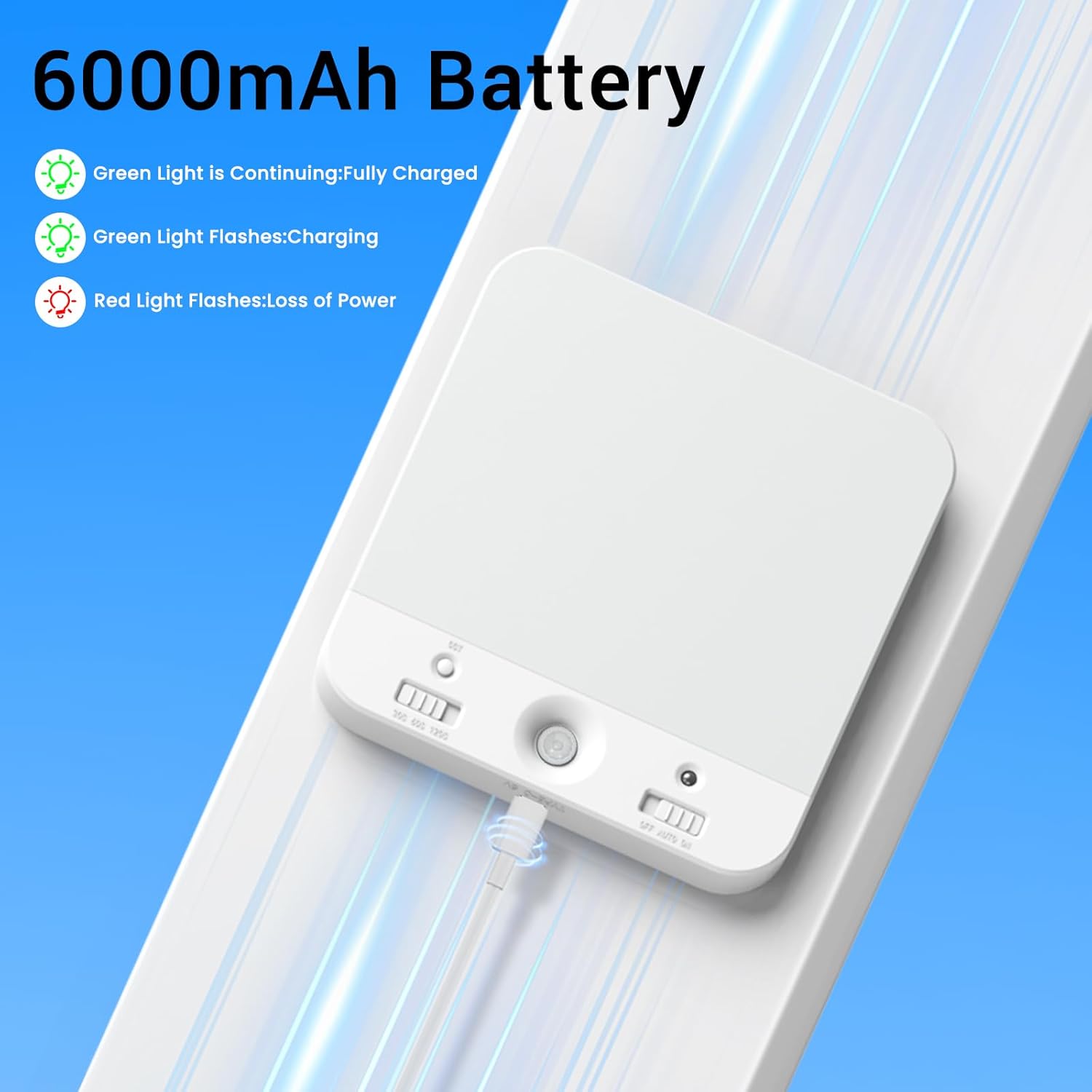 White battery pack with charging indicators on a blue background