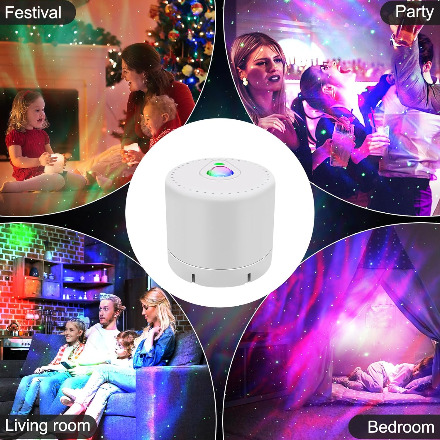 White cylindrical light projector surrounded by images of people in different settings with text labels.