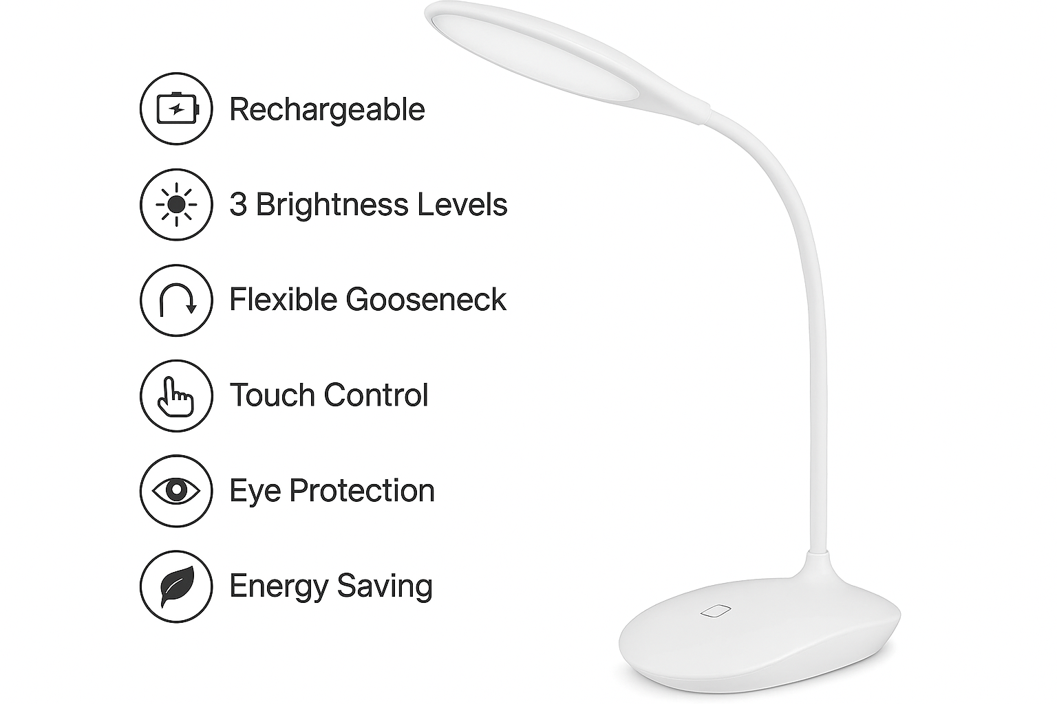 White desk lamp with features listed on a white background