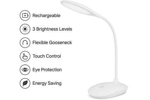 White desk lamp with features listed on a white background