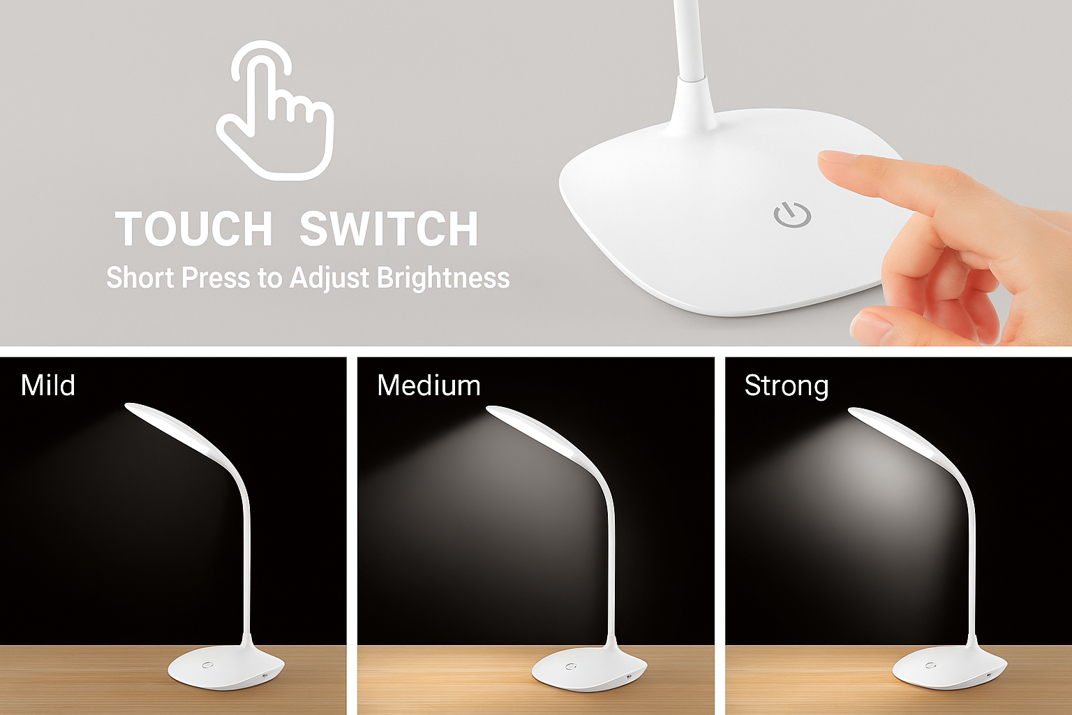 White desk lamp with touch switch and brightness adjustment shown on a gray background
