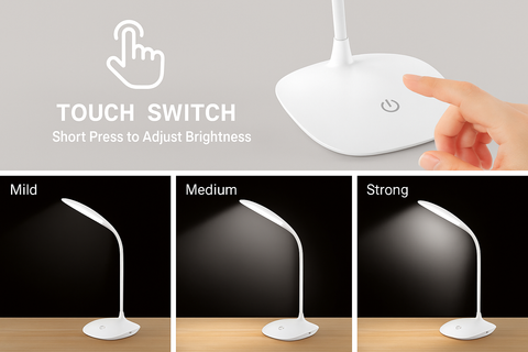 White desk lamp with touch switch and brightness adjustment shown on a gray background