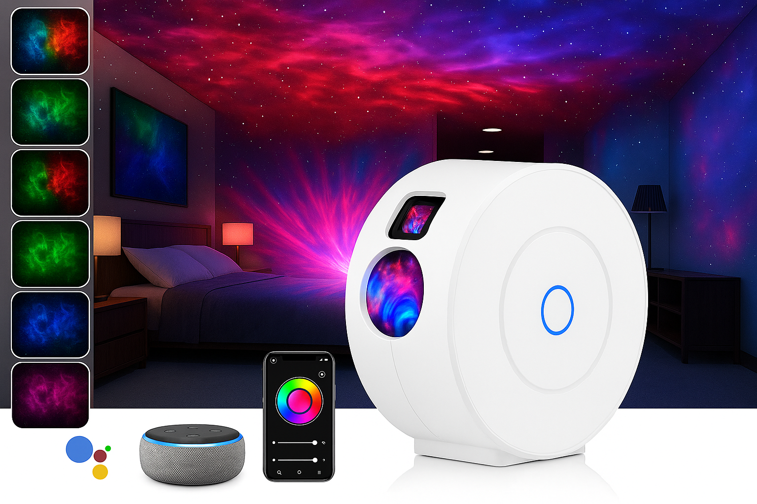 White device with colorful LED lights and smartphone app interface in a bedroom setting