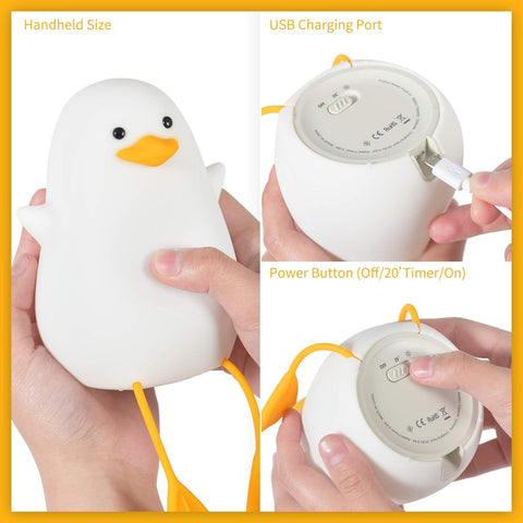White duck-shaped device with USB charging port and power button on a white background