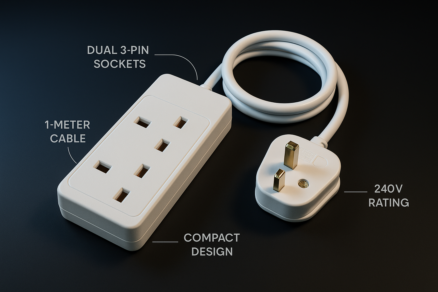 White electrical plug and socket with labeled features on a black background