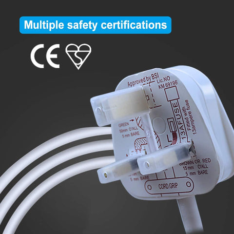 White electrical plug with certification logos on a dark background