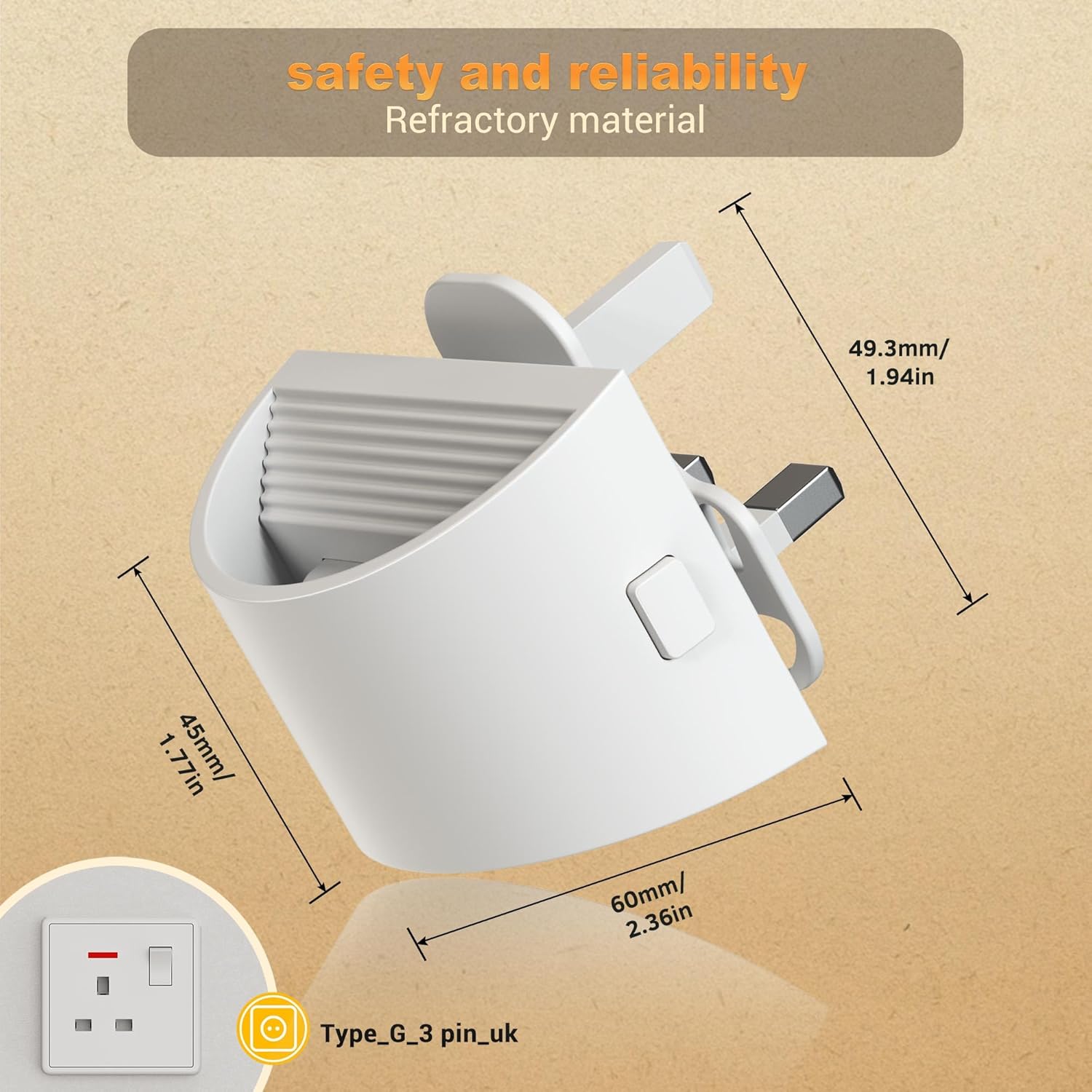 White electrical plug with dimensions and safety features highlighted on a beige background