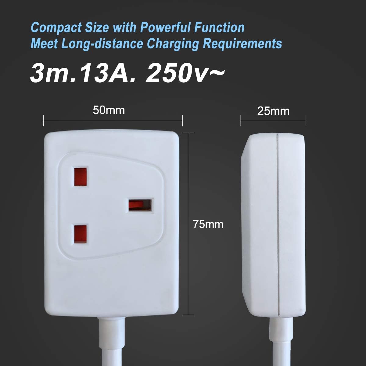 White electrical plug with dimensions and specifications on a black background