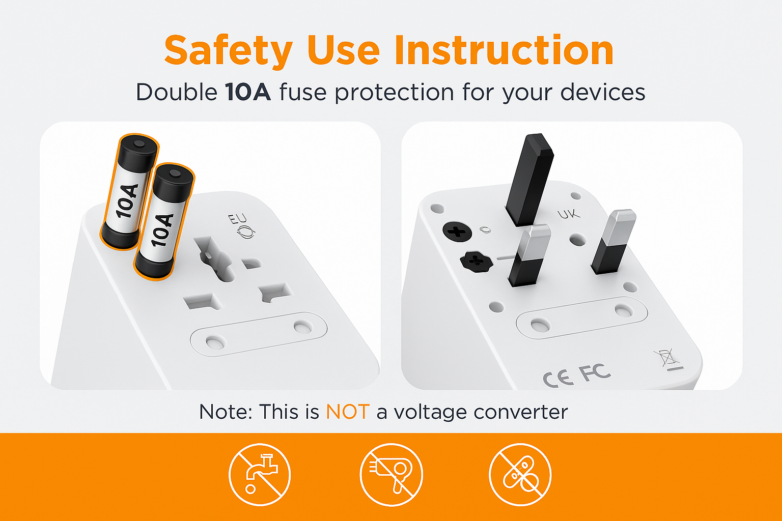 White electrical plug with fuse protection and safety use instructions on a white background
