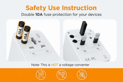 White electrical plug with fuse protection and safety use instructions on a white background