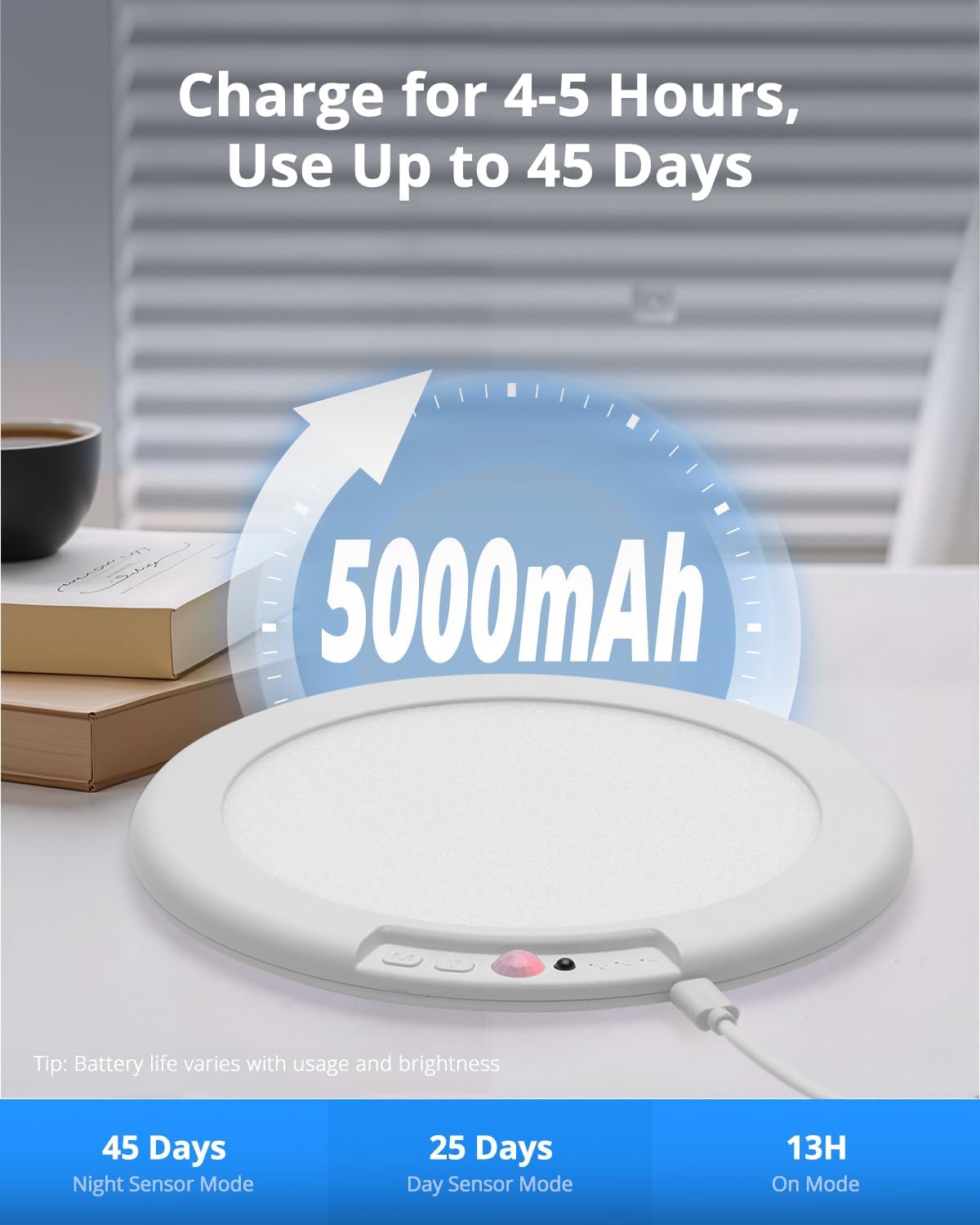 White electronic device with 5000mAh indicator on a desk with books and a cup.