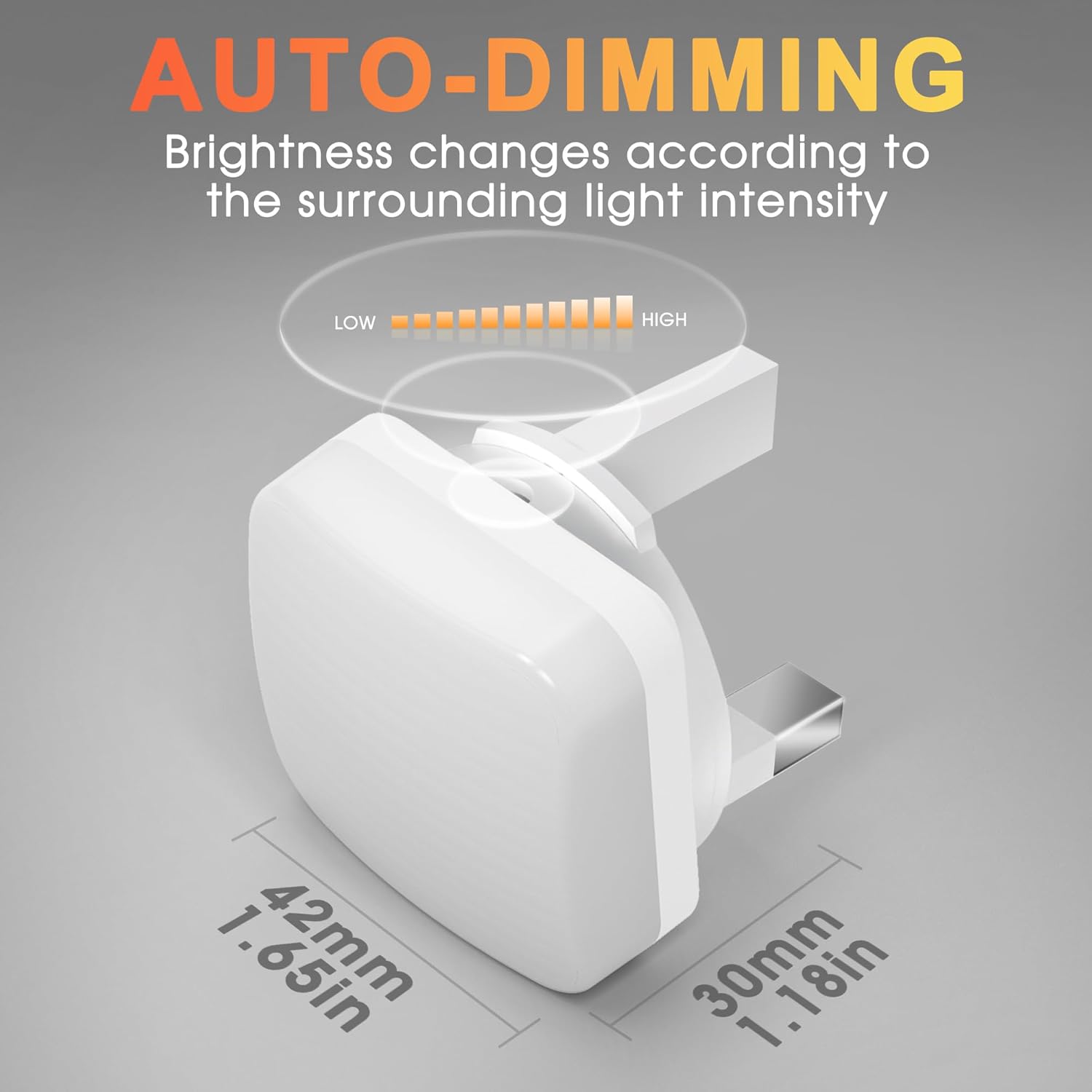 White electronic device with auto-dimming feature on a gray background