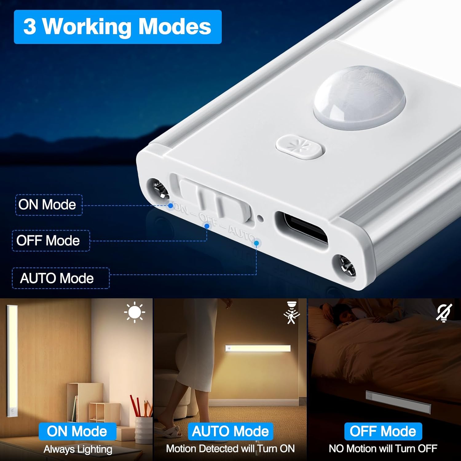 White electronic device with motion sensor on a dark blue background, showing three working modes.