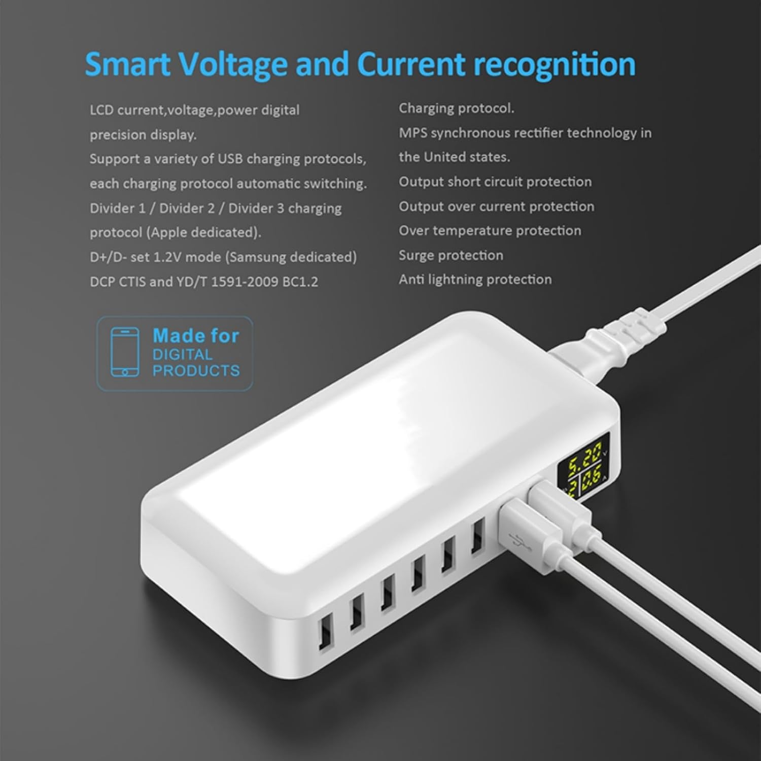 White electronic device with multiple USB ports and digital display on a dark background