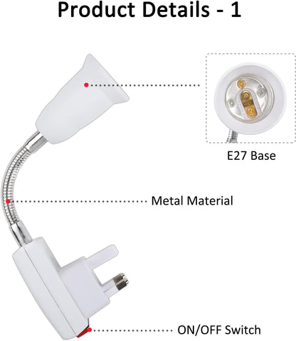 White flexible light arm with E27 base, metal material, and on/off switch on a white background.