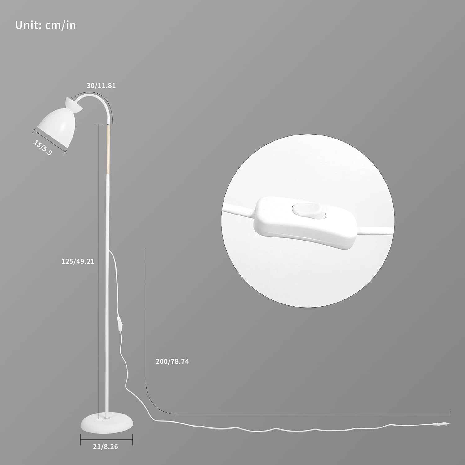 White floor lamp with measurements on a gray background