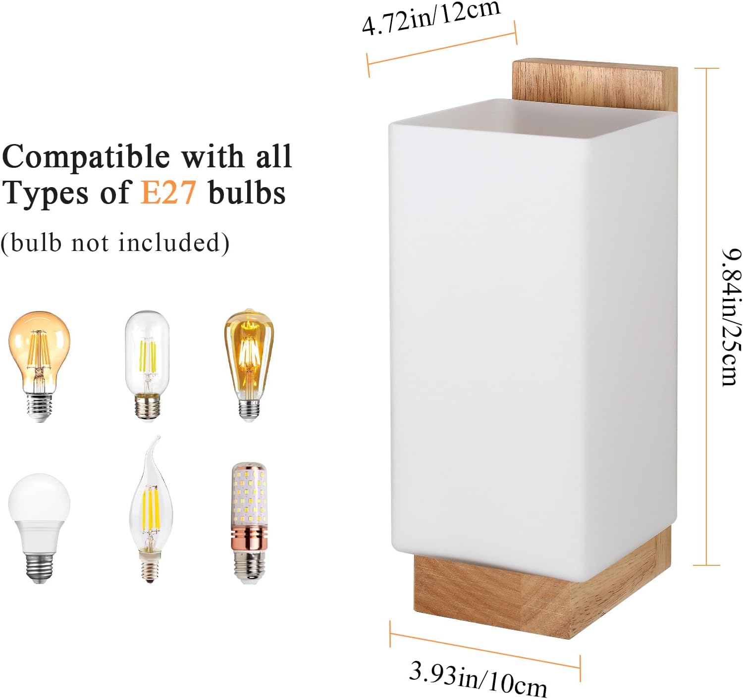 White lamp with wooden base and compatibility with various E27 bulbs on a white background