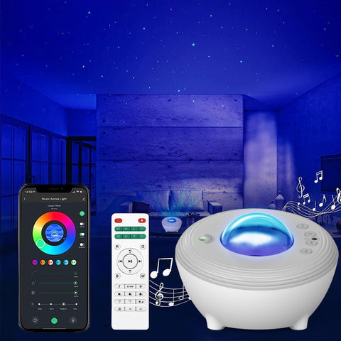 White light projector with smartphone app and remote control in a dark room with starry sky effect.