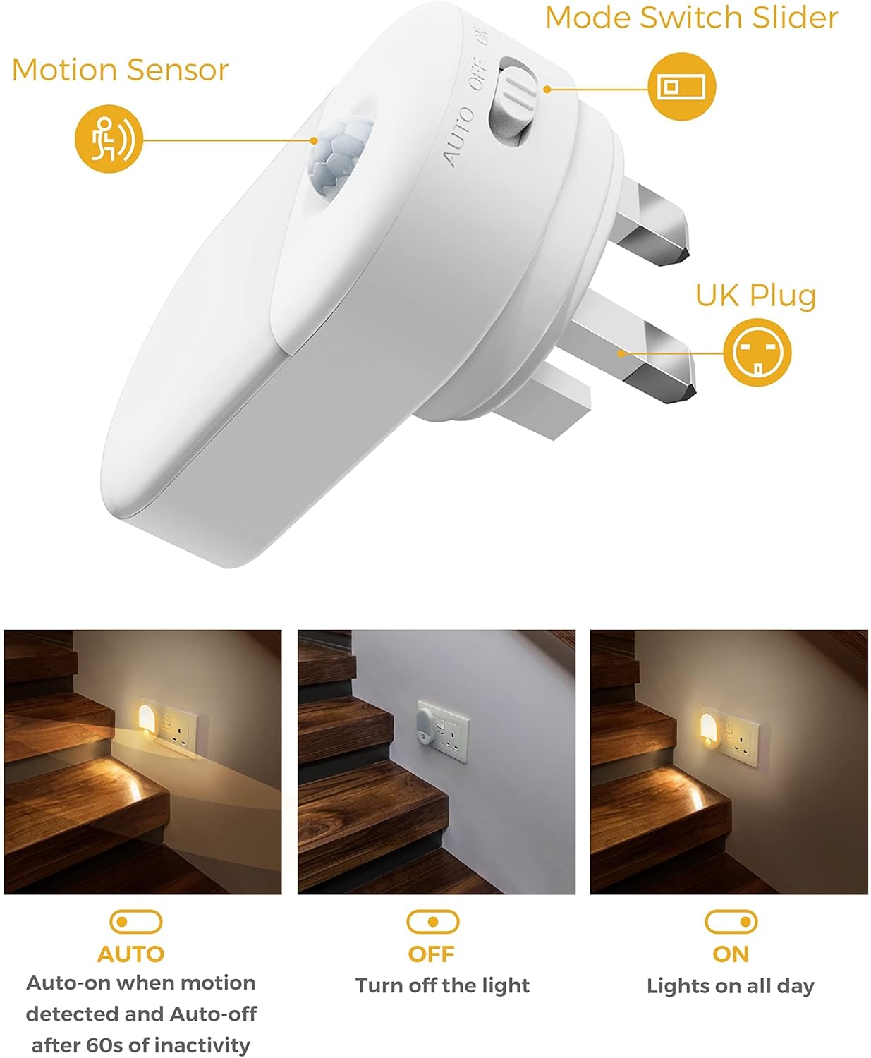 White motion sensor light switch with UK plug, labeled features, and usage scenarios.