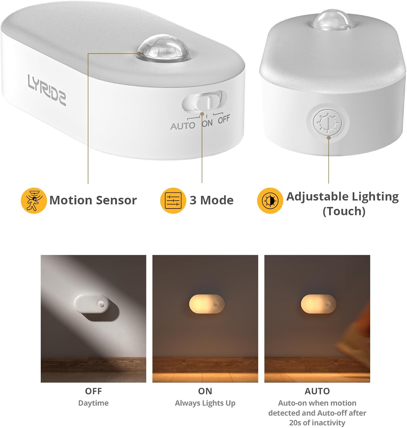 White motion sensor light with adjustable lighting and mode options on a white background.