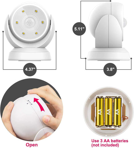 White motion sensor light with dimensions, battery compartment, and usage instructions.