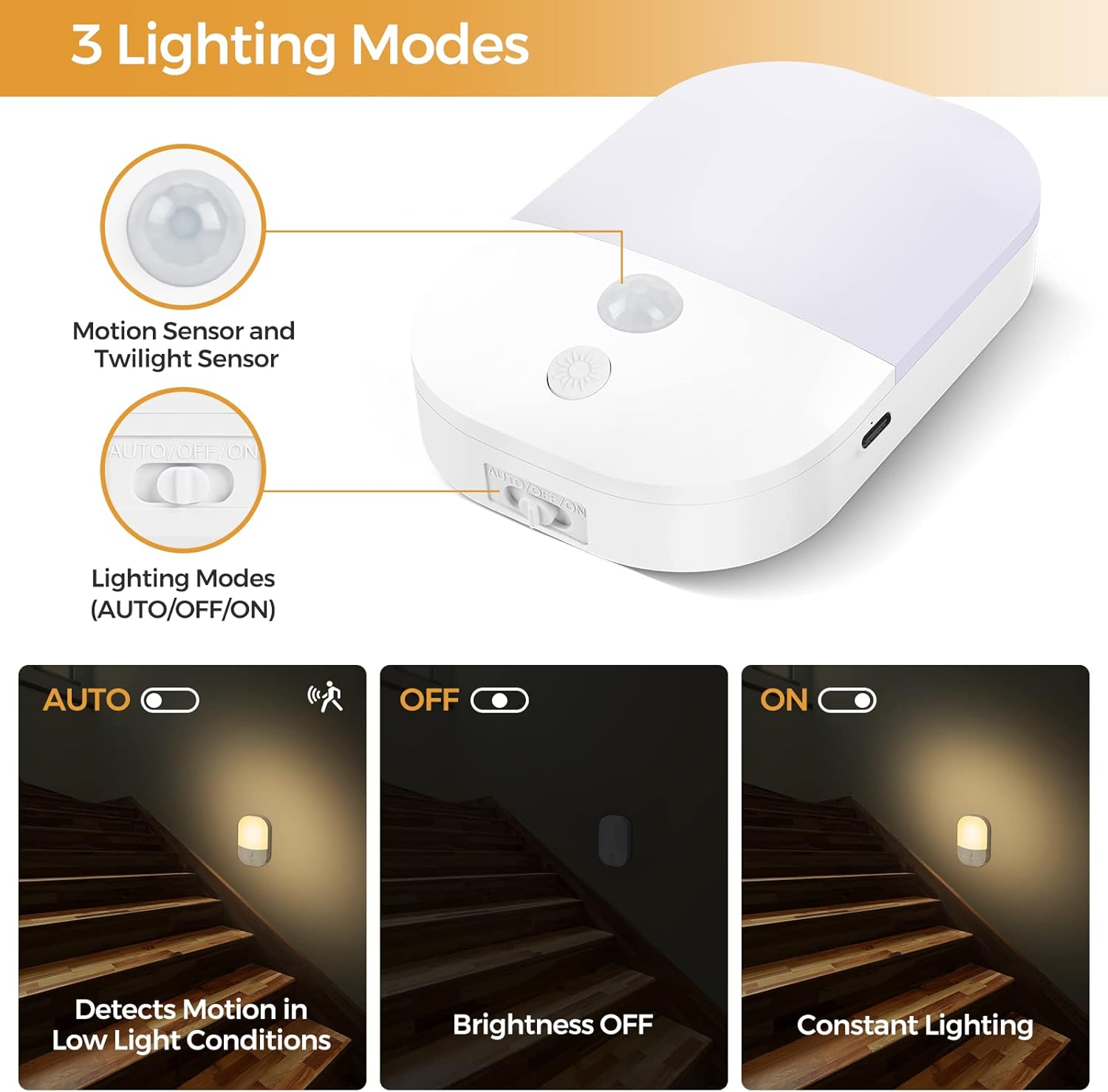 White motion sensor light with three lighting modes on a beige background