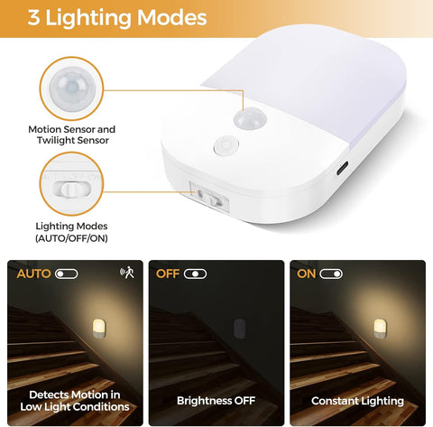 White motion sensor light with three lighting modes on a beige background