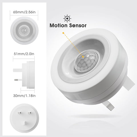 White motion sensor with dimensions and label on a light gray background