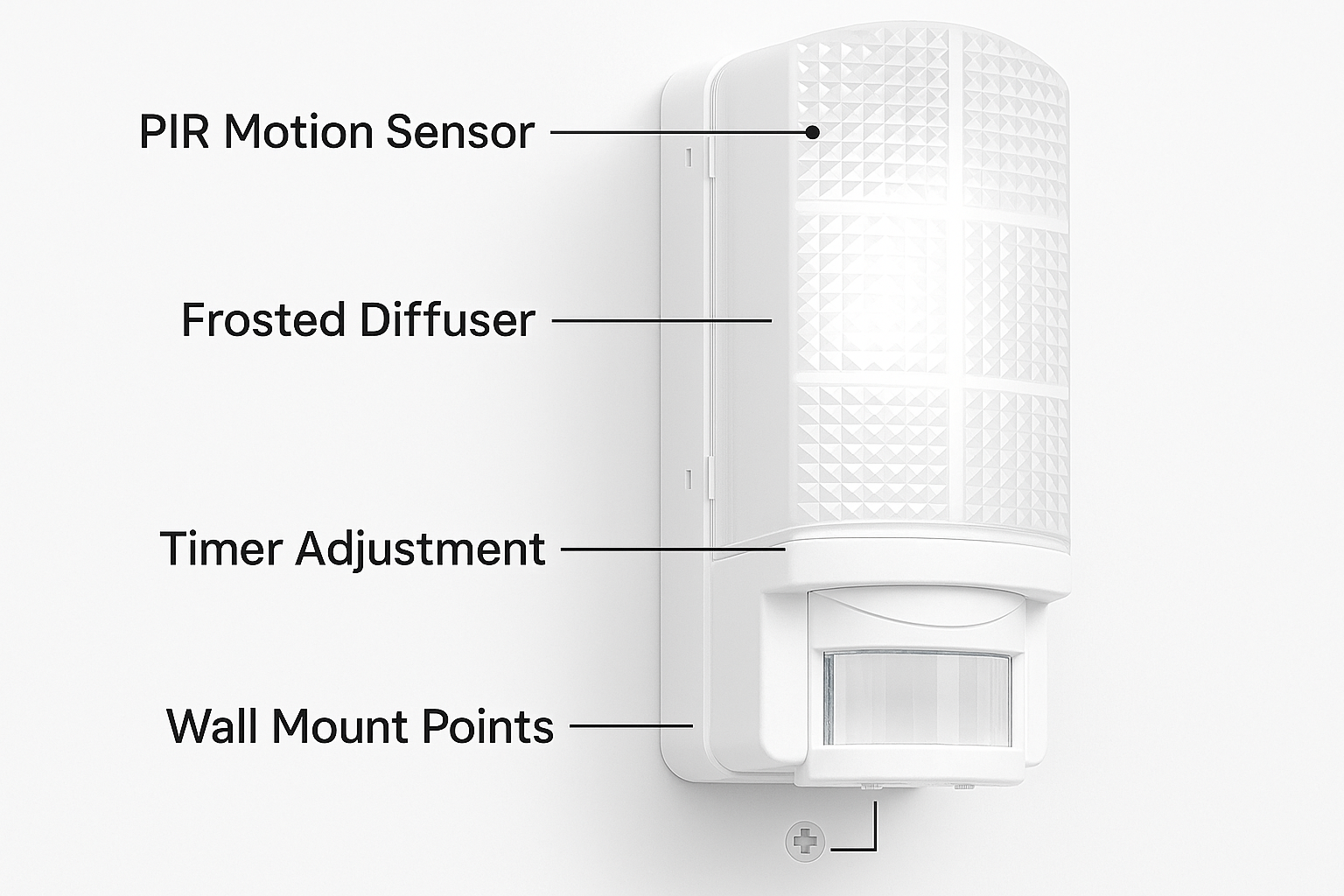 White motion sensor with labeled parts on a white background