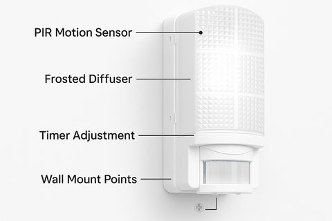 White motion sensor with labeled parts on a white background