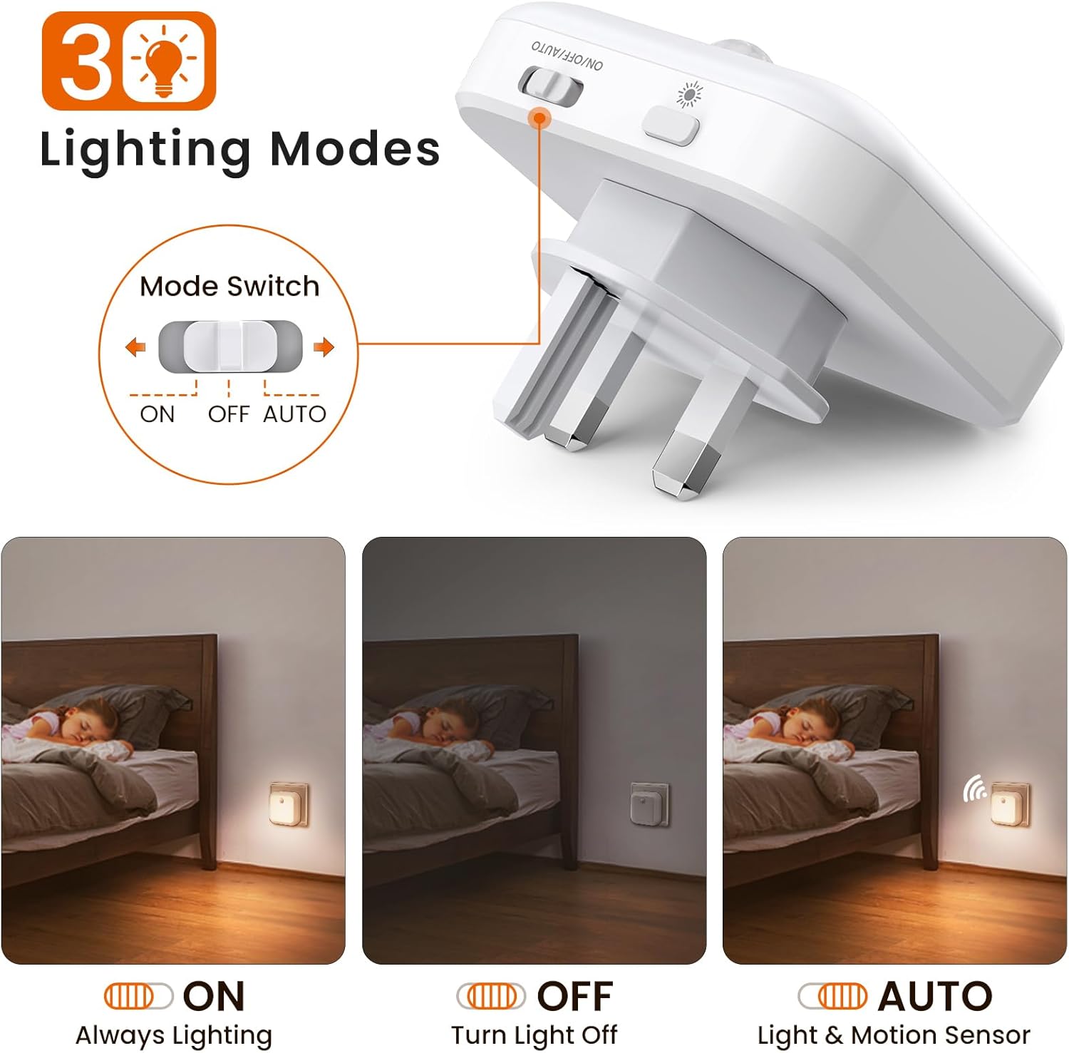 White night light plug with mode switch and lighting modes illustration