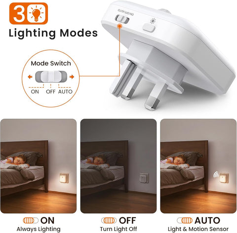 White night light plug with mode switch and lighting modes illustration