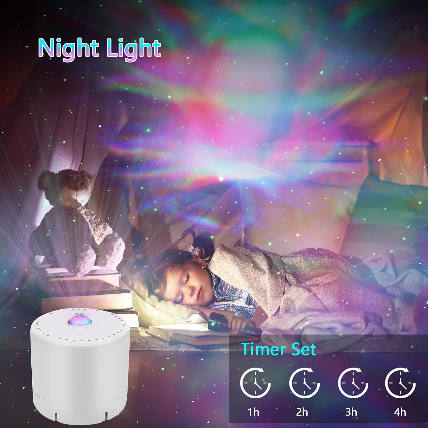 White night light projector casting colorful starry patterns in a bedroom with a child sleeping.