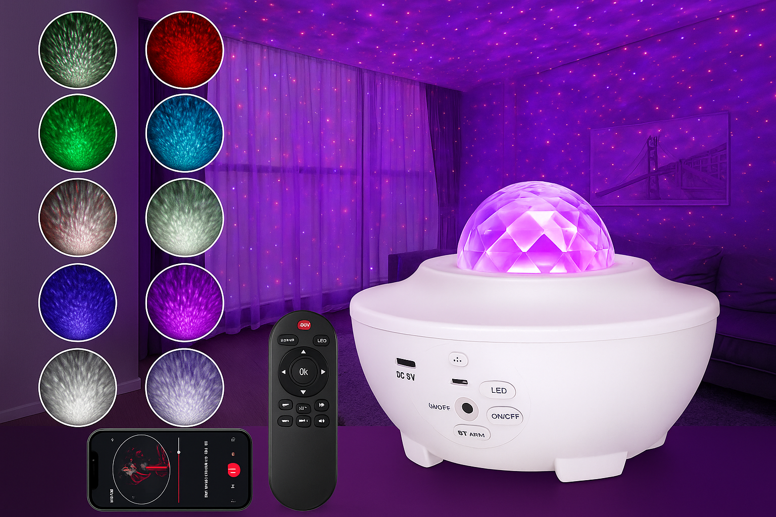 White night light projector with remote control and color-changing lights in a room.