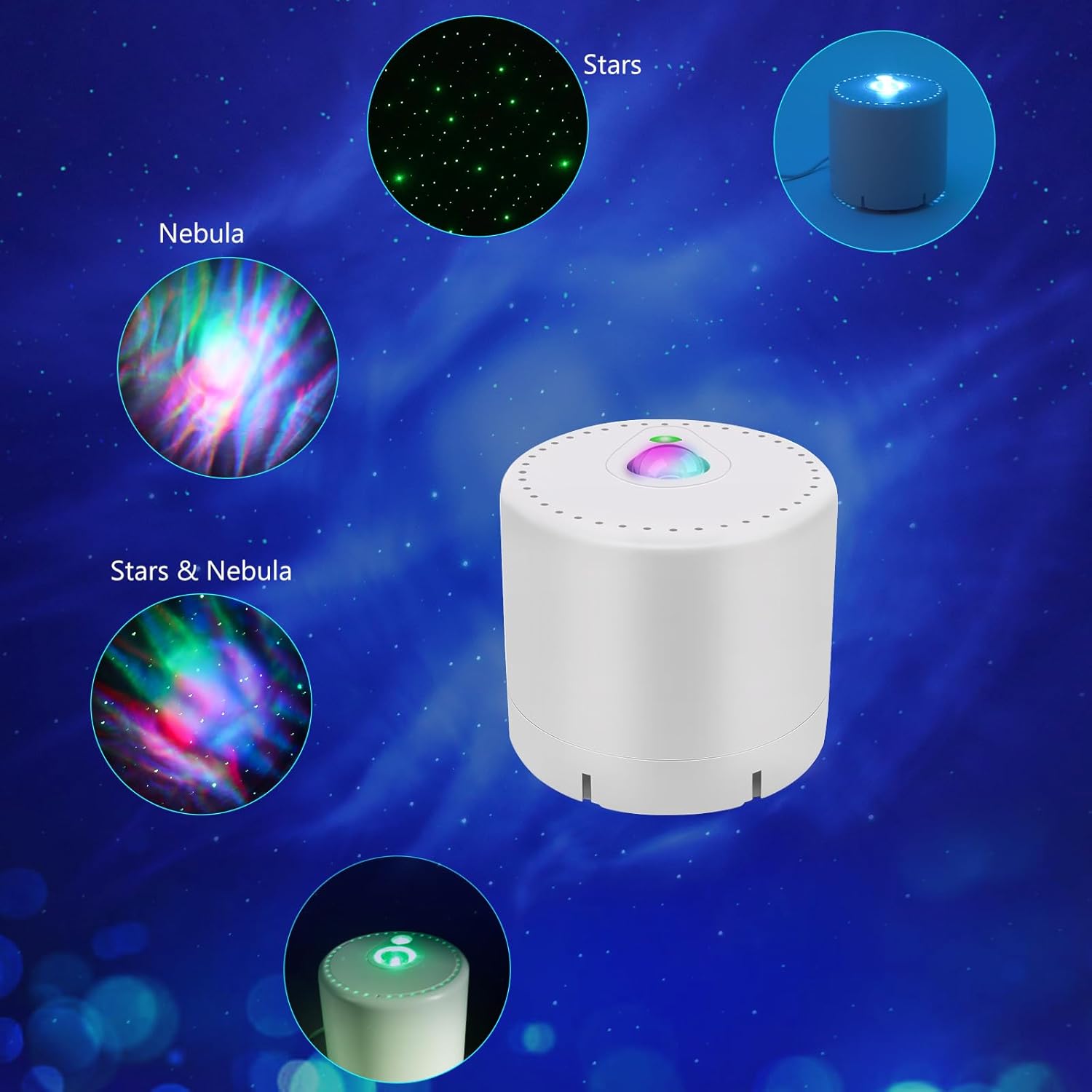 White night light projector with star and nebula patterns on a blue cosmic background