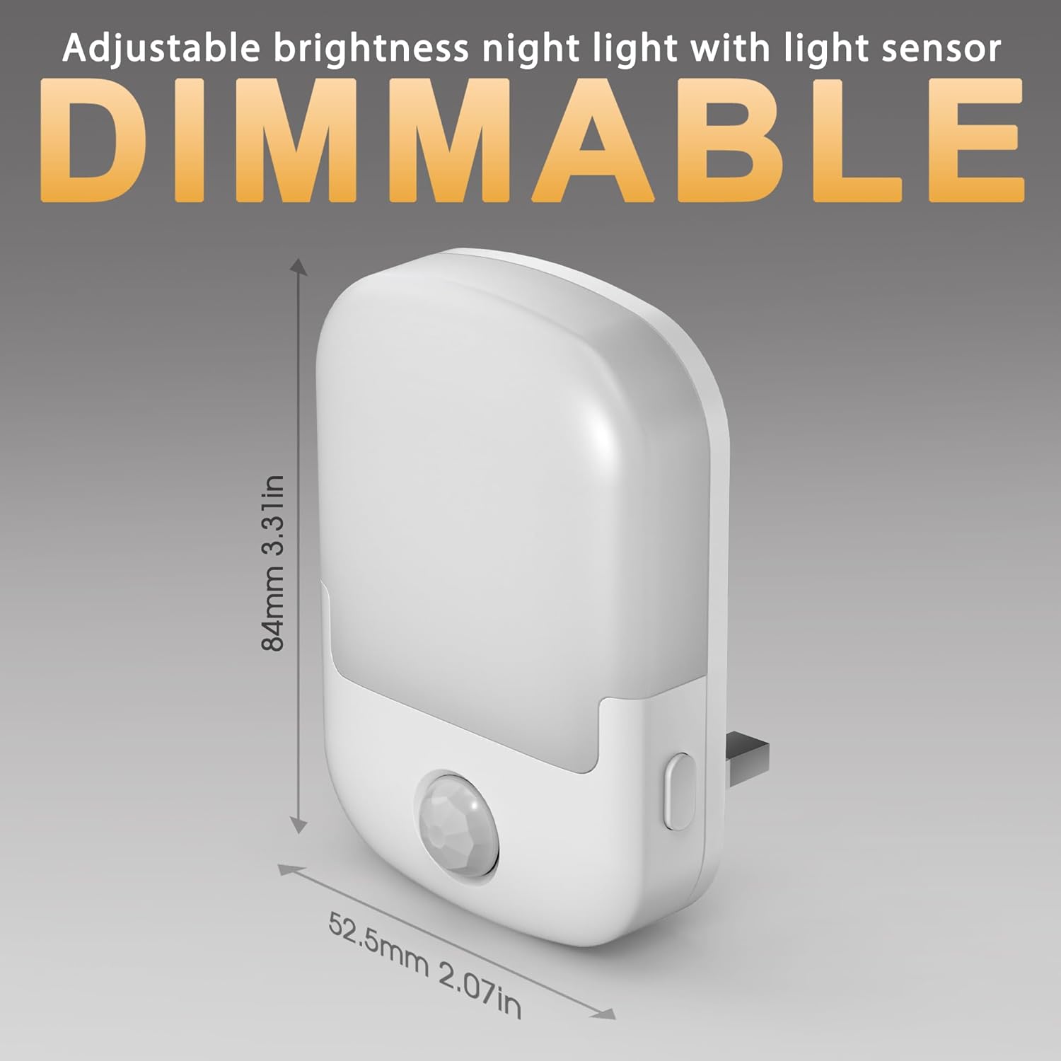 White night light with dimensions and text indicating adjustable brightness and dimmable feature on a gray background.