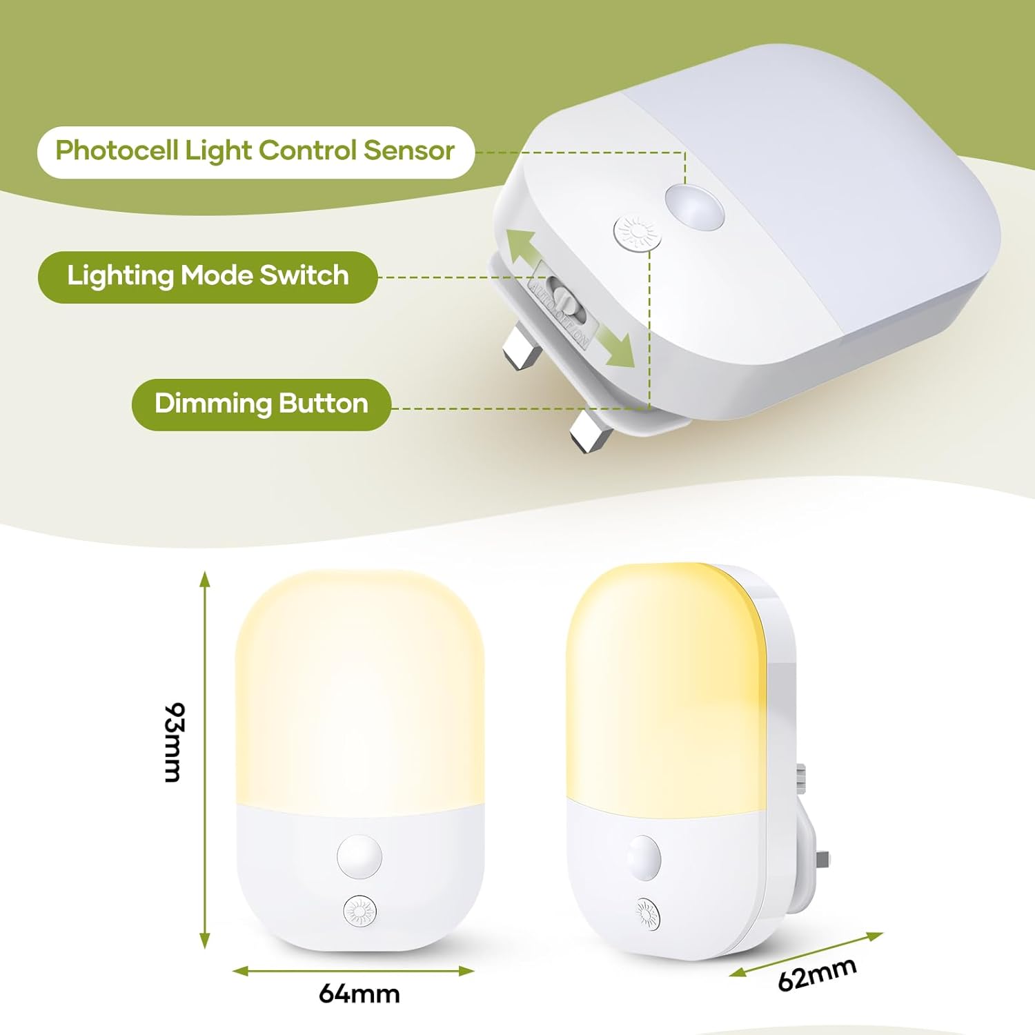 White night light with labeled features and dimensions on a white background