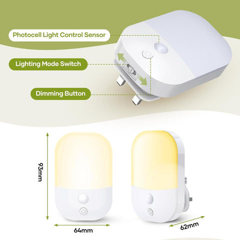 White night light with labeled features and dimensions on a white background