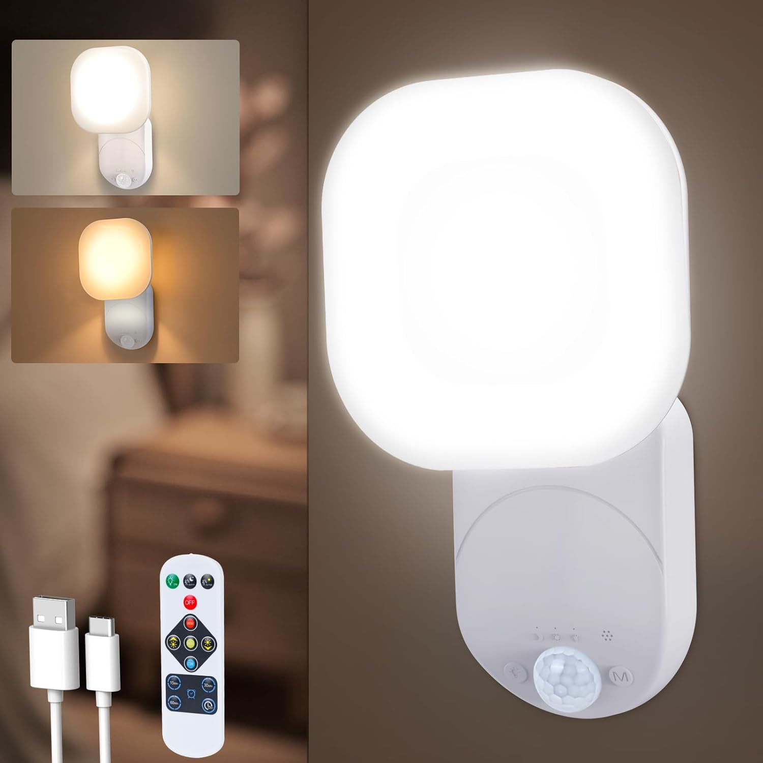 White night light with motion sensor, remote control, and charging cable on a brown background