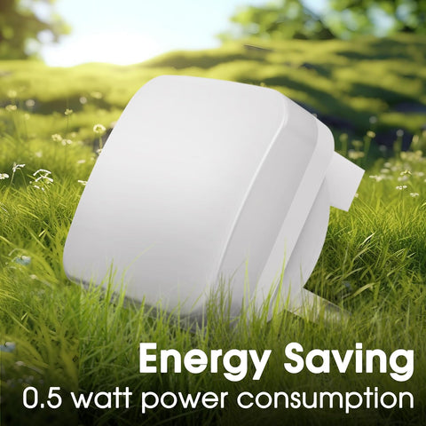 White outdoor light fixture on grass with 'Energy Saving' text