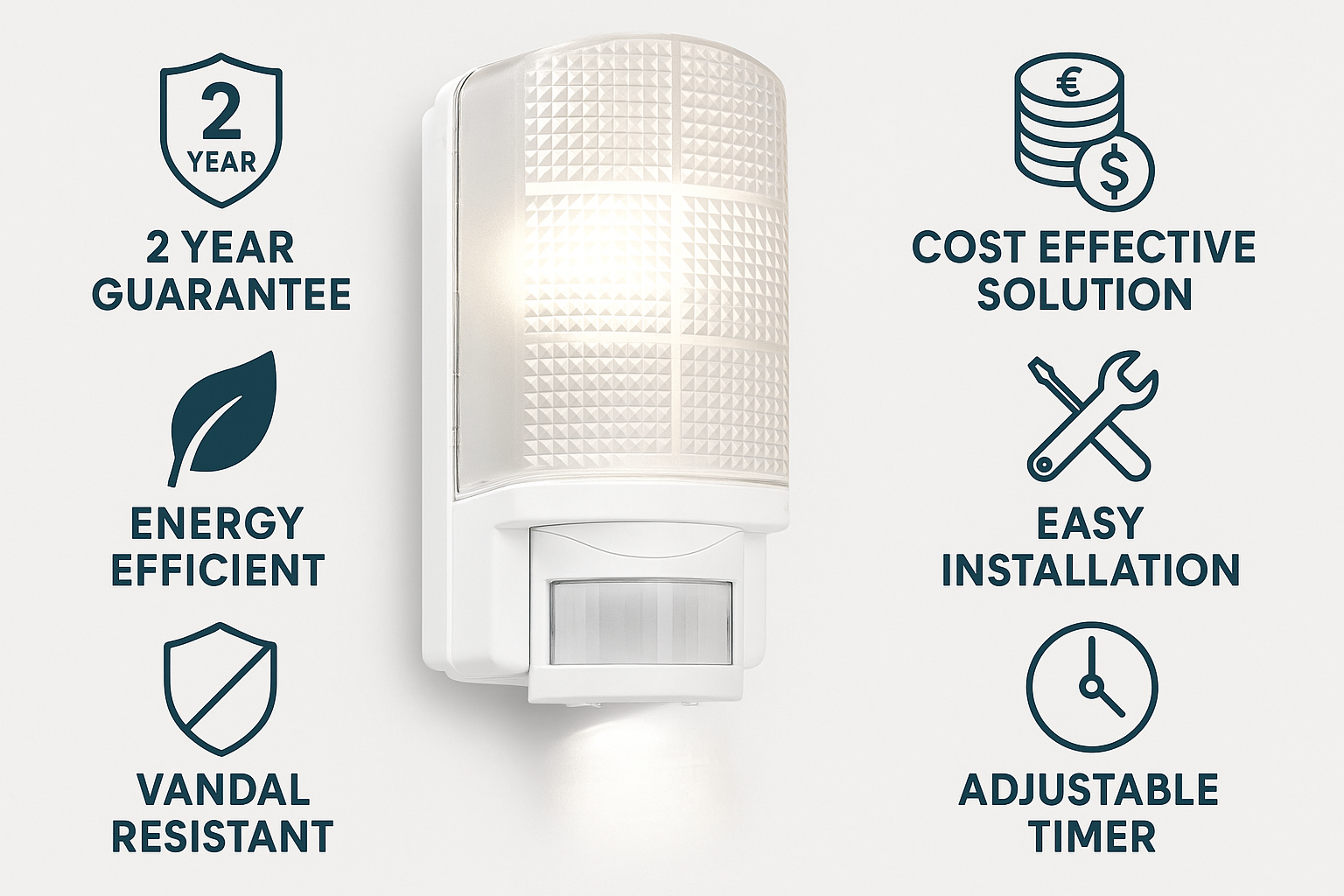 White outdoor light fixture with features listed on a white background