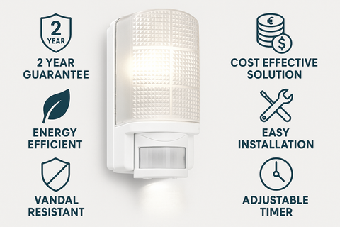 White outdoor light fixture with features listed on a white background