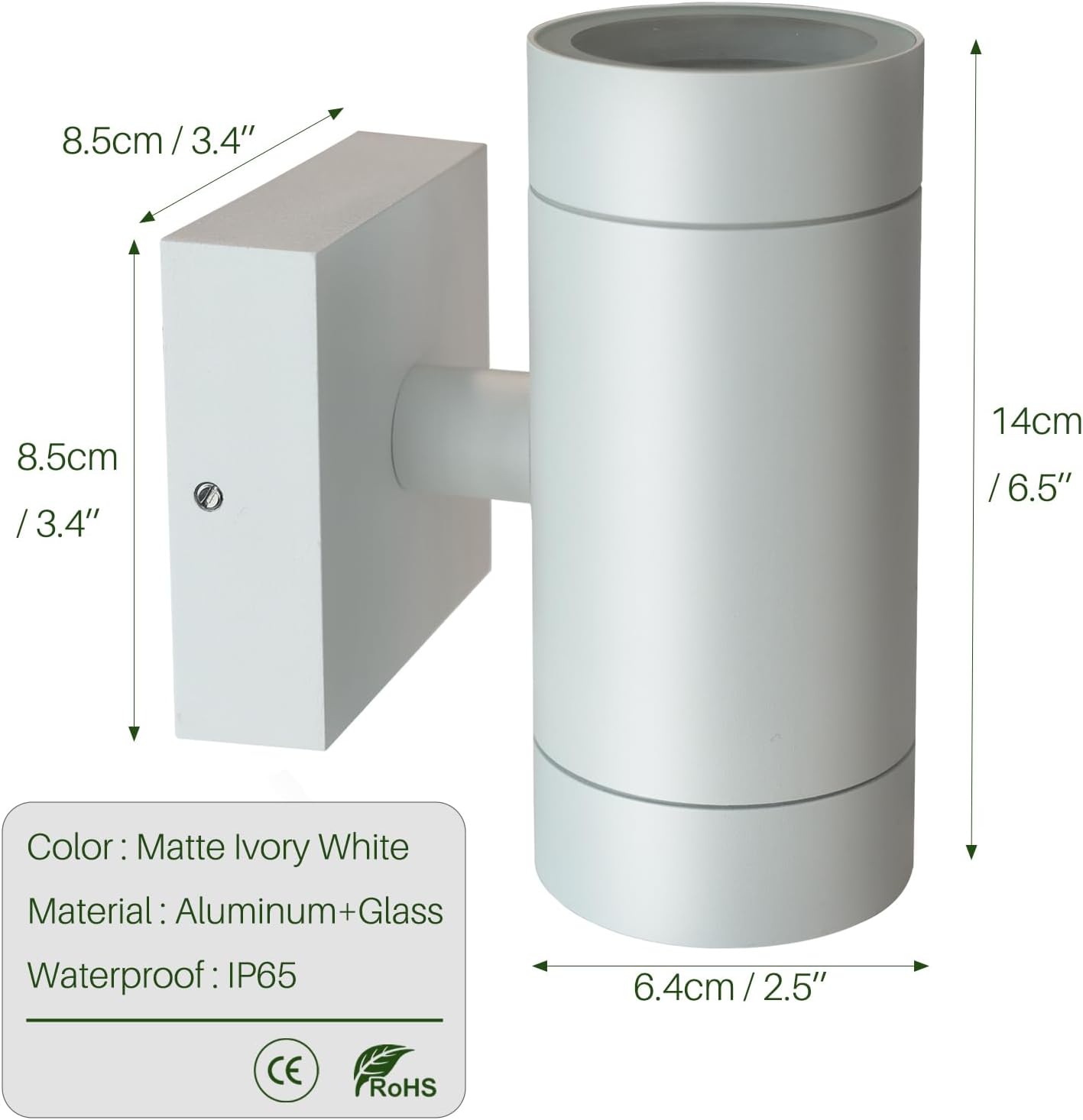 White outdoor wall light fixture with dimensions and material details on a white background