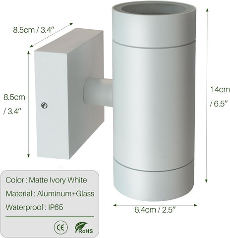 White outdoor wall light fixture with dimensions and material details on a white background