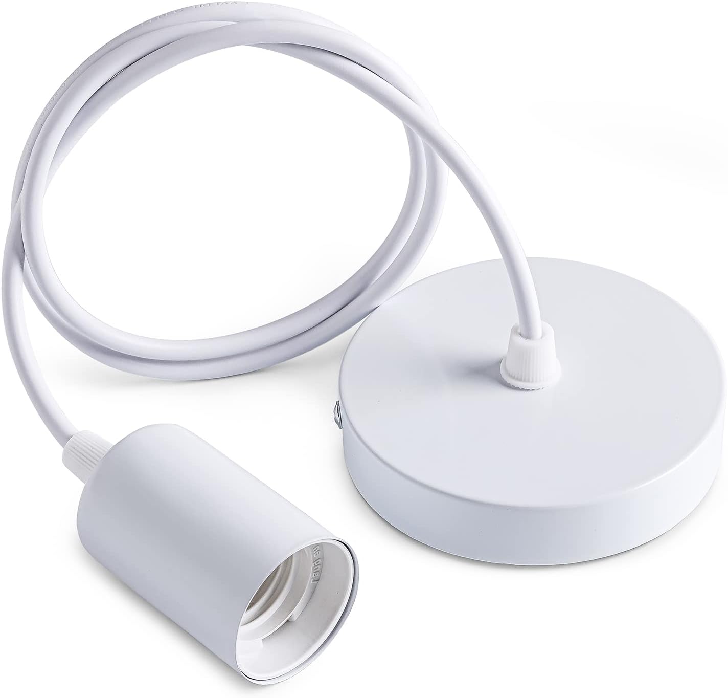 White pendant light fixture with flexible cable on a white background