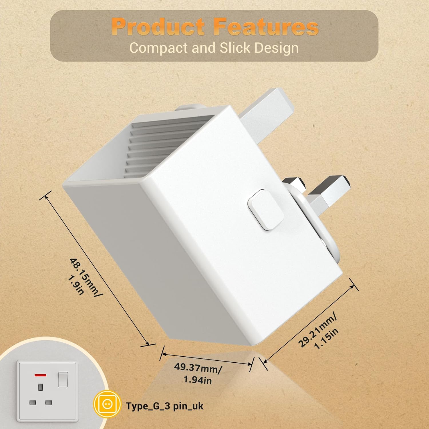 White plug with dimensions and features on a beige background