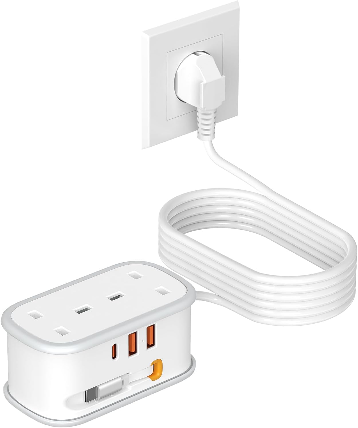White power strip with multiple outlets and USB ports on a white background