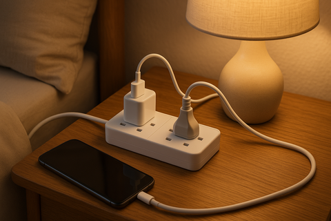White power strip with multiple outlets on a wooden nightstand, plugged into a lamp and smartphone.